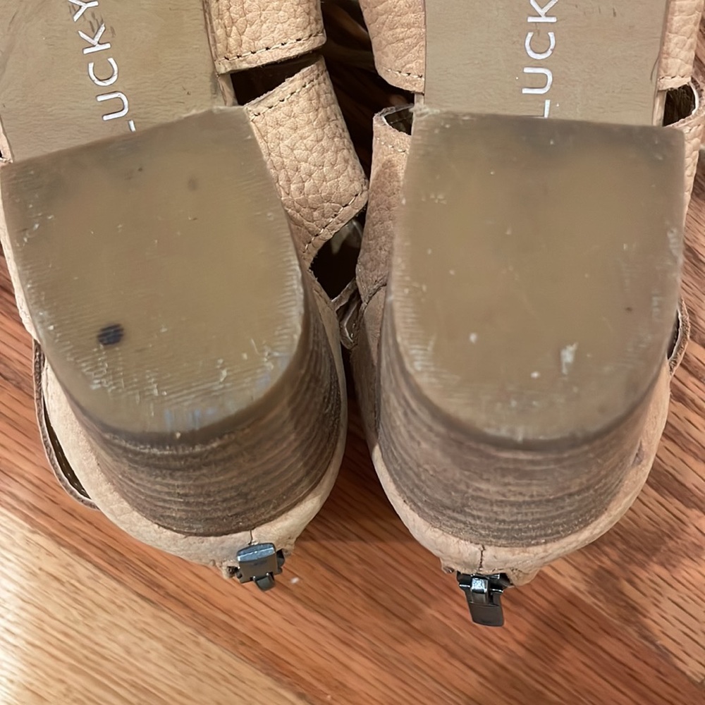 Lucky Brand Suede Open Toe Block Stacked Heel Brown Front Lace  Zip Back Shoe 6 - Picture 10 of 10
